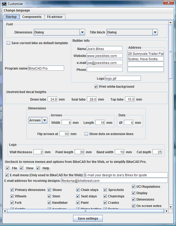 BikeCAD customization screen