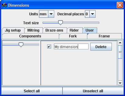 User dimensions tab