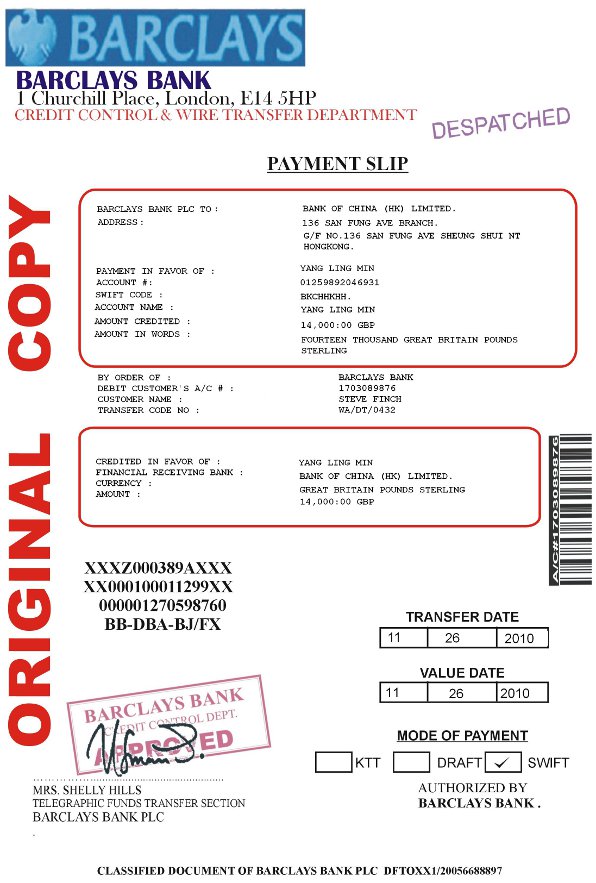 Fake Barclays transfer slip