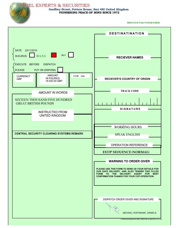 Parcel Experts Fake Dispatch Form